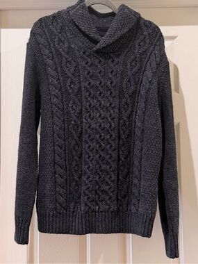 Dark Blue Shawl-Collar Wool Cable Knit Sweater - Men
